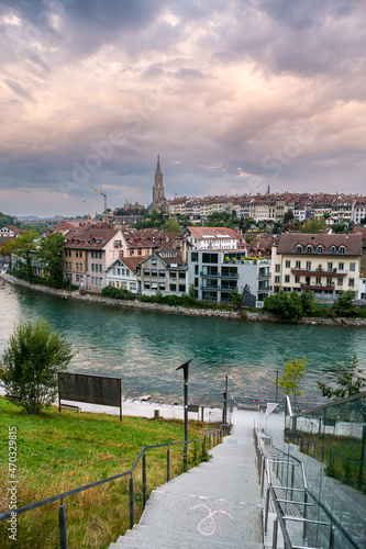 Travel to Bern. Sunrise photographed in this beautiful city from Switzerland. Photo taken next to Aare river with view to the entire old part of the town.