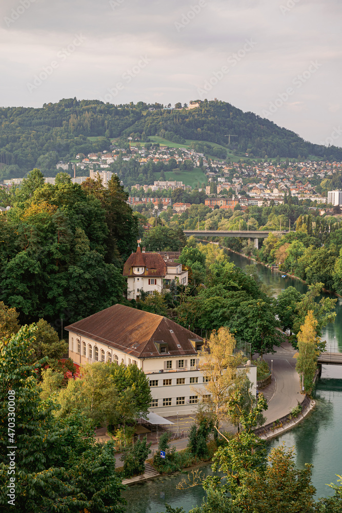Bern, Switzerland - 2021: Traveling on the streets of this amazing Swiss city, next to its main landmarks. Great architecture and beautiful sights.
