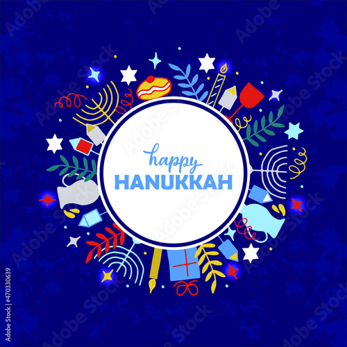 Happy Hanukkah greeting card. Set of elements: menorah, wreath, candles, donuts, branch, gifts, dreidel, oil, confetti, coins, Jewish star drawing in doodle style. Vector illustration, hand lettering