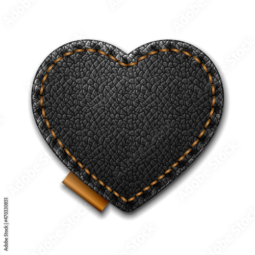 Blank heart stitched black leather label isolated on white background vector template.