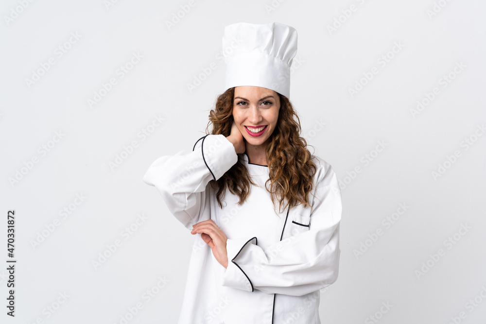 Young chef woman isolated on white background laughing Young chef woman isolated on white background laughing