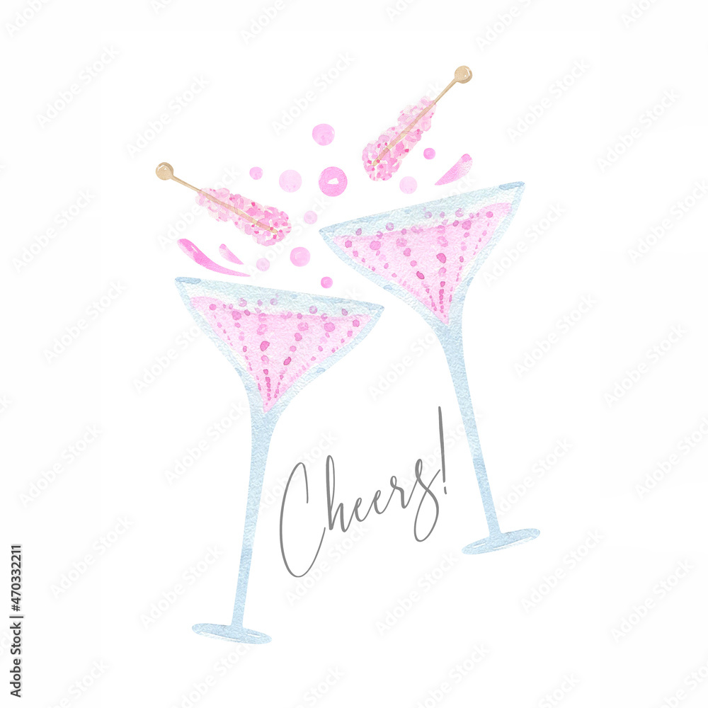 Glasses with pink champagne watercolor card. Toast, cheers, salute. Perfect for New Year, Wedding, Bachelorette Party, Anniversary, Birthday.