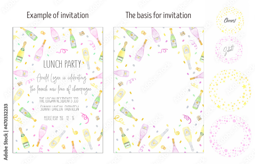 Watercolor champagne and wine party invitation card, layout. Fun, festive, celebration, party. Perfect for New Year, Wedding, Bachelorette Party, Anniversary, Birthday.