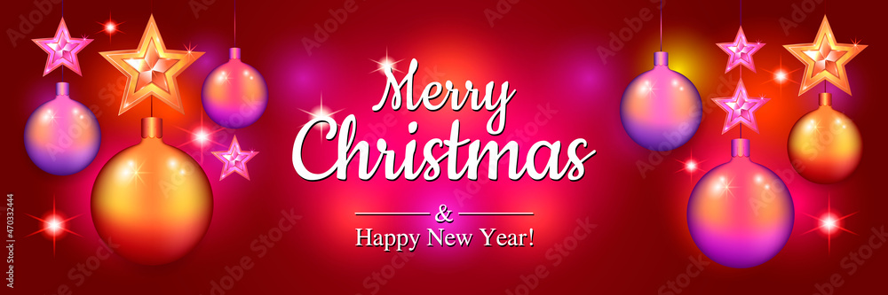 Merry Christmas and Happy New Year festive banner. Modern design of Christmas balls of stars and decorations. Abstract background with glow. Template vector illustration Merry Christmas and Happy New Year festive banner. Modern design of Christmas balls of stars and decorations. Abstract background with glow. Template vector illustration