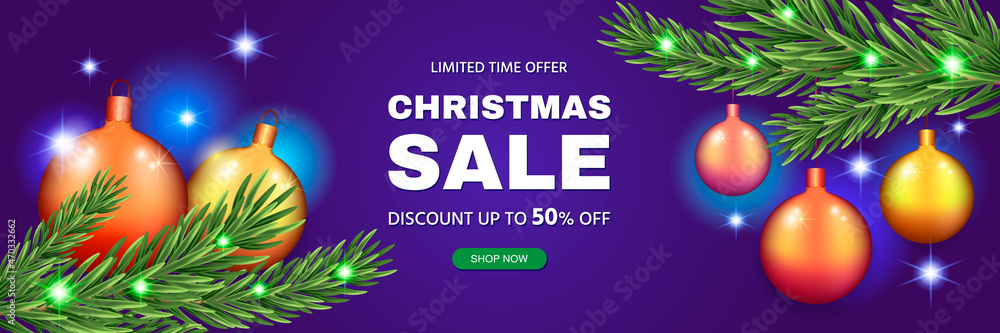 Merry Christmas discount sale banner. Modern design of Christmas balls and Christmas tree branches. Abstract background with glow. Final sale up to 50% off. Template vector illustration 