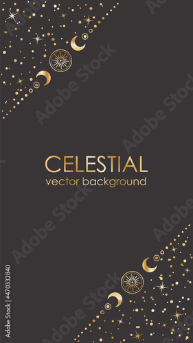 Dark vector background with a copy space. Golden astrological frame with stars and borders with crescents on a black. Celestial card template for stories and web banners with place for text 