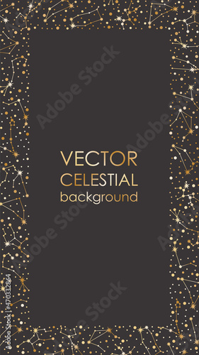 Vector zodiac constellations background with copy space. Golden astrological frame with horoscope star systems and place for text on a black. Celestial card template for stories and web banners