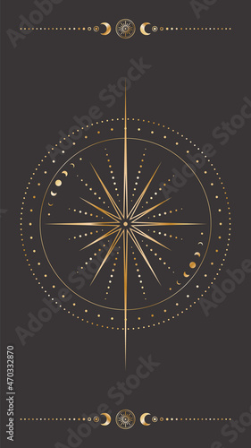 Vector mystical dark celestial poster with golden outline geometric star, moon phases, dotted concentric circles and borders with crescents. Occult linear background. Placard with a magical symbol
