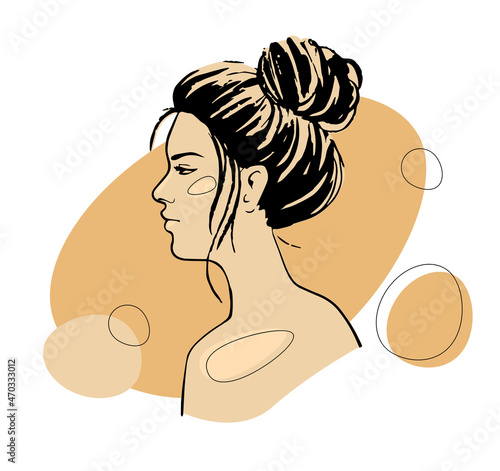 Beautiful young woman face profile with messy bun hairstyle vector drawing sketch.