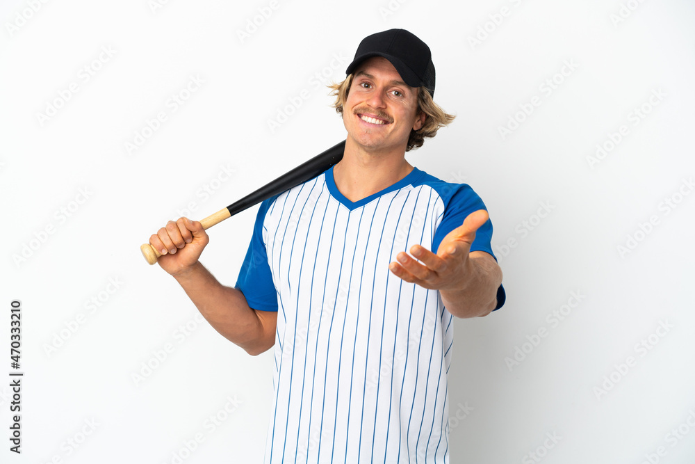 Young blonde man playing baseball isolated on white background shaking hands for closing a good deal Young blonde man playing baseball isolated on white background shaking hands for closing a good deal