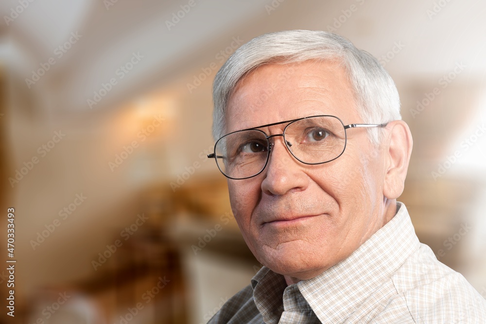 Portrait of beautiful smiling senior man posing at home room Portrait of beautiful smiling senior man posing at home room