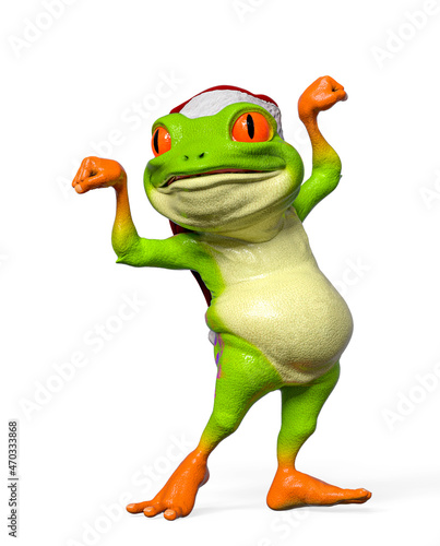 santa frog cartoon is doing a bodybuilder pose