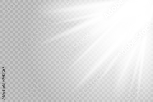 Shining sun glare rays, lens flare vector illustration. Sunlight glowing png effect. White beam sunrays sky background	