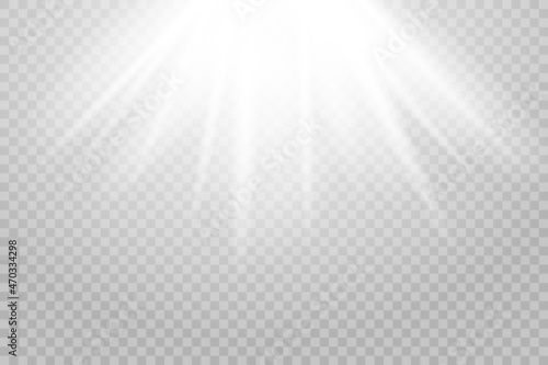 Shining sun glare rays, lens flare vector illustration. Sunlight glowing png effect. White beam sunrays sky background	
