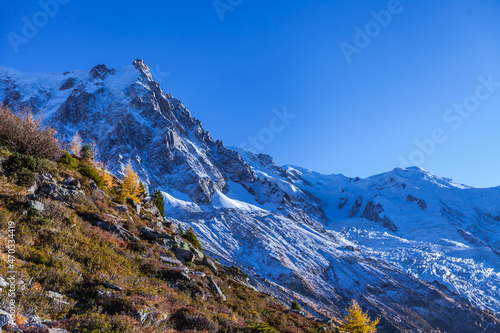 A mountain in the Mont Blanc massif in the Alps  the Aiguille de Midi. Elevation of around 3842 meters. It is a starting point for all sorts of extreme sports. October  2021.