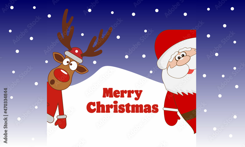 Merry Christmas. Funny reindeer, Santa Claus in a Christmas snowy landscape, decorative element for the holiday
