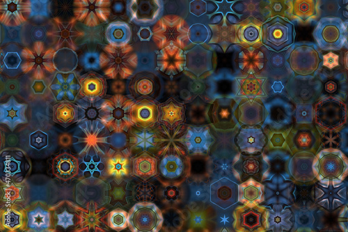 Very beautiful kaleidoscope and mandala shapes in various colors, all of the shapes are matched together 