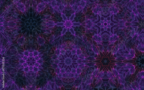 Very beautiful kaleidoscope and mandala shapes in purple and dark colors, all of the shapes are matched together 