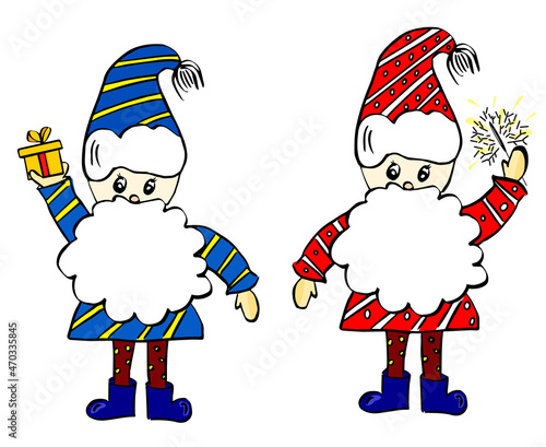 Set of cute christmas man gnomes. Collection of holidays wizards or enchanter with gifts.
