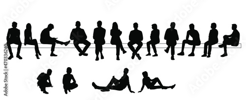 Vector silhouettes of  men, women and teenagers, a group of sitting on a bench  business people, profile, black  color isolated on white background photo