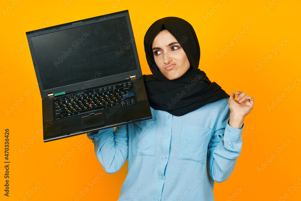 arab woman laptop posing technology internet isolated background arab woman laptop posing technology internet isolated background