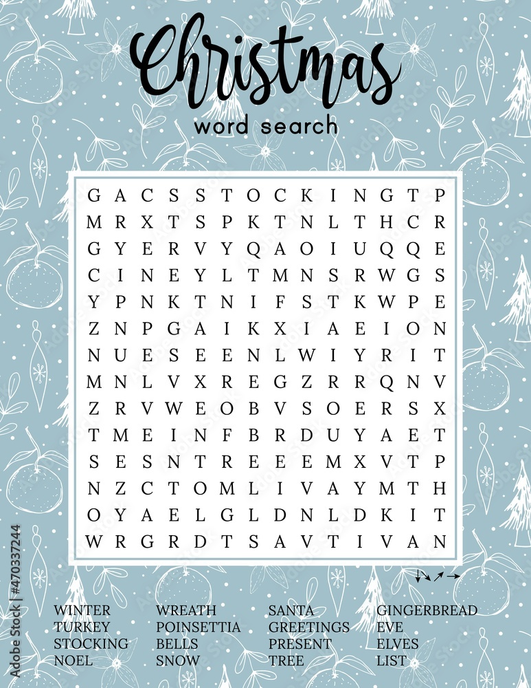 Christmas word search puzzle. Holiday party game card. Family activity. Printable worksheet 