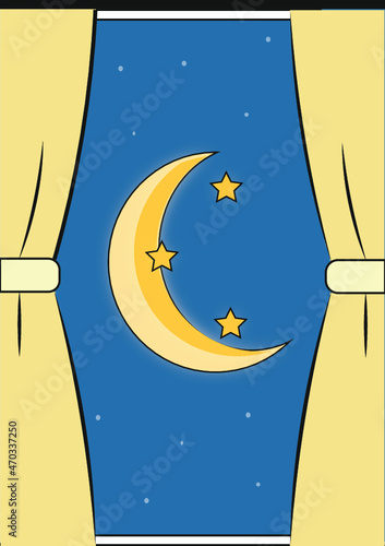 Luna cuarto creciente. Fases lunares. Ventana. Cartoon. Luna. Noche. Estrellas. Ilustracion.