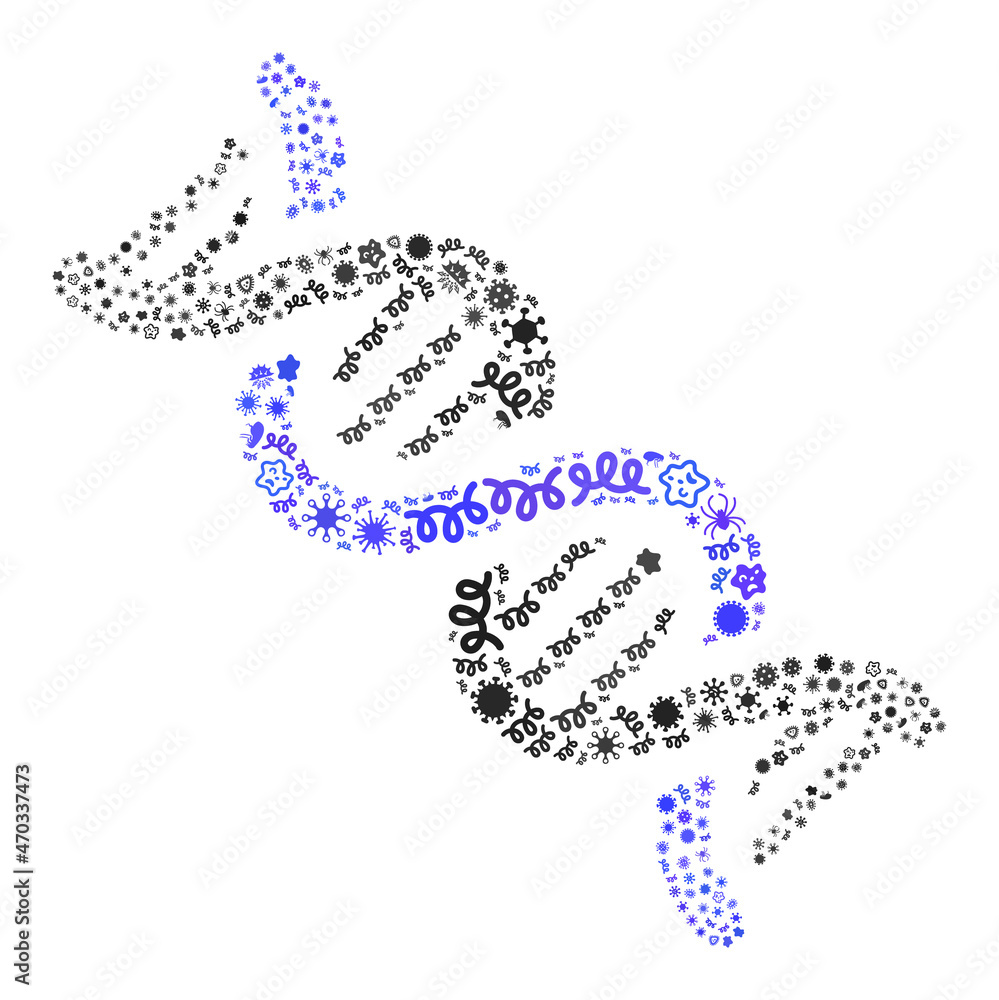 Vector infection DNA spiral icon mosaic of pandemic microbes. DNA spiral mosaic is organized of infection items, parasites, microbes, spores, contagious agents, and based on DNA spiral icon. Vector infection DNA spiral icon mosaic of pandemic microbes. DNA spiral mosaic is organized of infection items, parasites, microbes, spores, contagious agents, and based on DNA spiral icon.