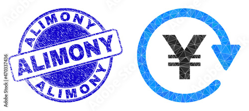 Low-Poly triangulated yen pay again icon illustration, and Alimony textured stamp. Blue stamp contains Alimony caption inside circle it. Yen pay again icon filled with triangle mosaic.
