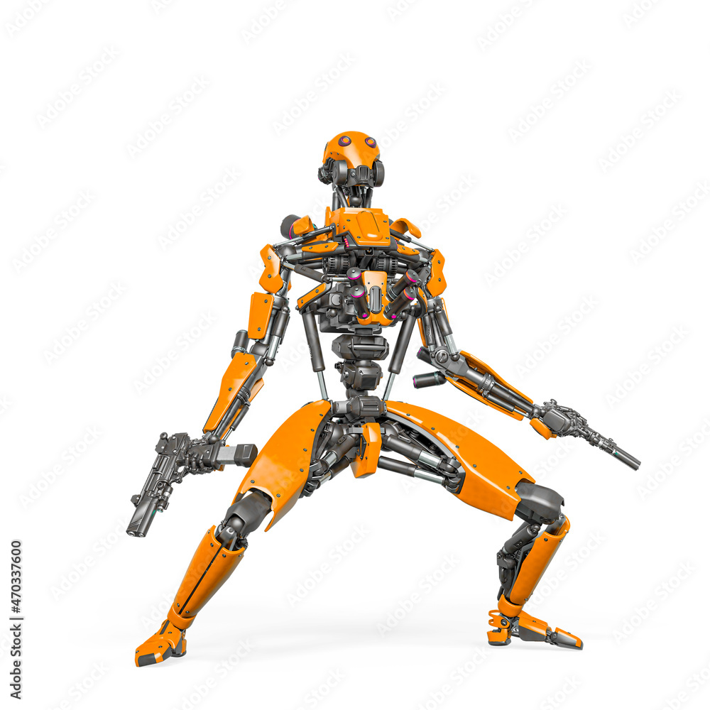 droid soldier is looking up like a super hero in action and holding a pistol droid soldier is looking up like a super hero in action and holding a pistol