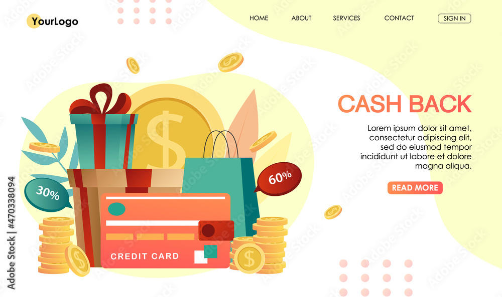 Fototapeta premium Loyalty program design concept. Cash back service on mobile smartphone app, application of payment by credit card on online shopping. Bonus system to return money. Vector illustration