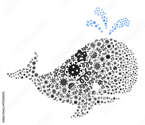 Vector infectious whale icon mosaic of contagious items. Whale mosaic is designed from virus items, parasites, microbes, spores, contagious agents, and based on whale icon.