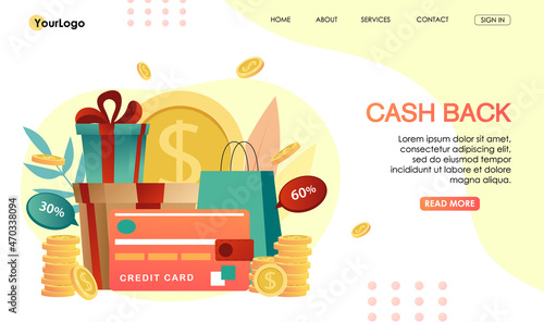 Loyalty program design concept. Cash back service on mobile smartphone app, application of payment by credit card on online shopping. Bonus system to return money. Vector illustration
