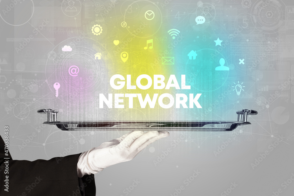 Waiter serving social networking concept Waiter serving social networking concept