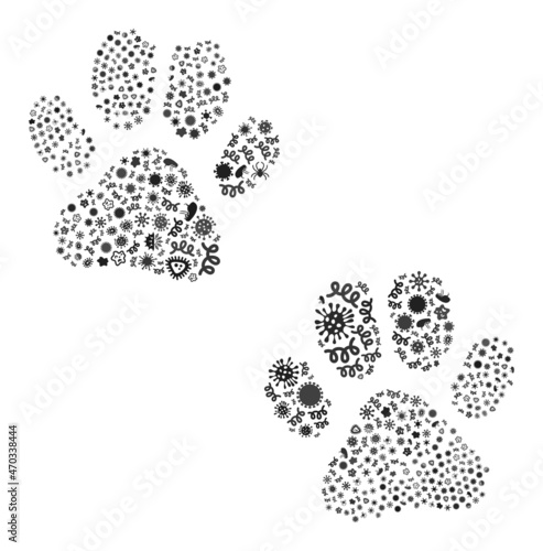 Vector infectious paw footprints icon mosaic of contagious microbes. Paw footprints mosaic is created of infection items, parasites, microbes, spores, contagious agents,