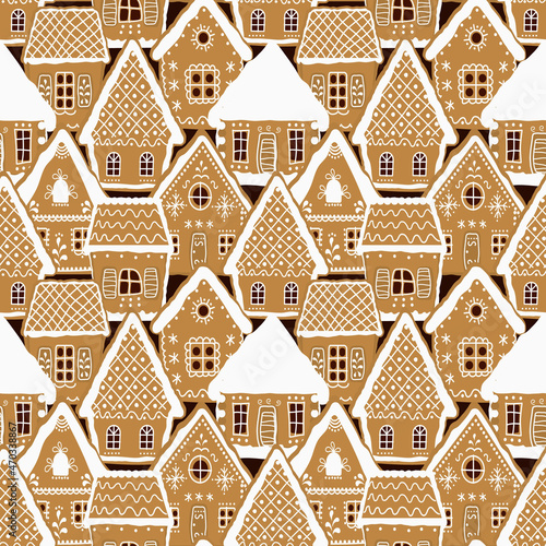 gingerbread houses on a chocolate background. Seamless pattern. Christmas background. Gingerbread village. Vector illustration