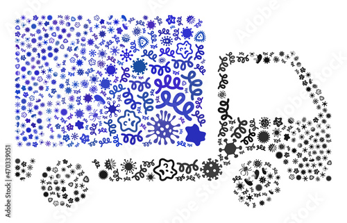 Vector infection delivery lorry icon collage of contagious items. Delivery lorry collage is organized of infection items, parasites, microbes, spores, contagious agents,