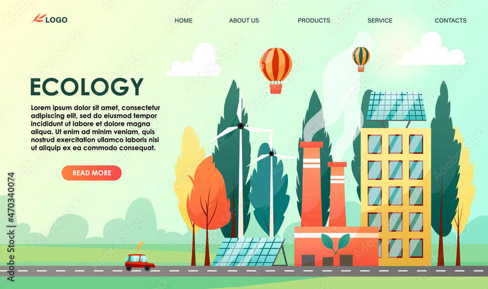 Naklejka premium Environment care design concept. Ecological solution of environment care problem. Use alternative, green, solar power to reduce pollution, save, clean planet Earth air, nature. Vector illustration