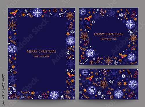Christmas greeting card templates,dark background.Floral frames with beautiful snowflakes and with place for text.Holiday frame with evergreen fir tree branches, holly berries. Elegant pattern,vector.