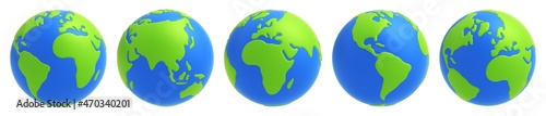 Set of cartoon planet Earth in different views on white background. Earth globe 3d icon set. 3d rendering