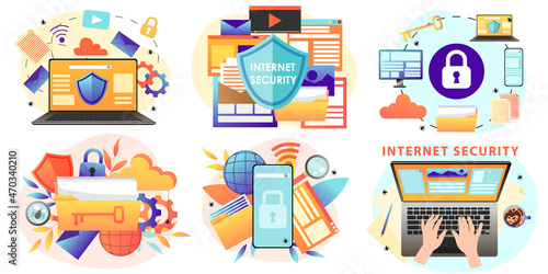 Data security design concept set. Internet data storage guard technology. Digital information protection service. Secure data transmission system. Abstract wireless safe database. Vector illustration.