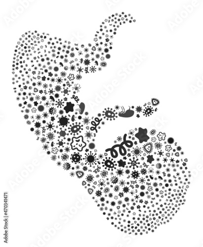 Vector infectious human embryo icon composition of contagious microbes. Human embryo mosaic is formed of infection items, parasites, microbes, spores, contagious agents,
