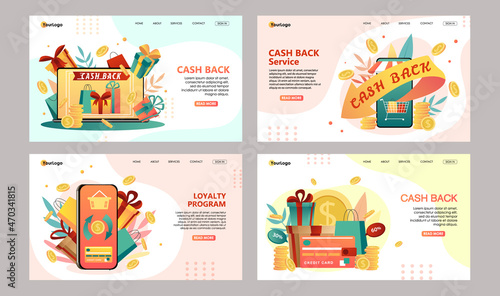 Loyalty program design concept set. Cash back service on mobile smartphone app, application of payment by credit card on online shopping. Bonus system to return money. Vector illustration