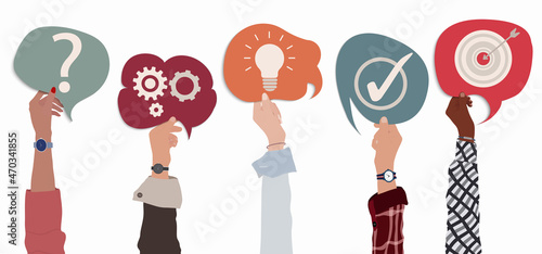 Challenge and choice strategy metaphor for solving problems. Team multiethnic business people with raised arms holding speech bubble in hand with symbolism of solution to problem concept