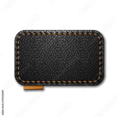 Blank restangle stitched black leather label isolated on white background vector template.