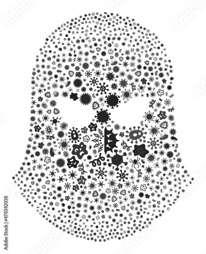 Vector infection terrorist balaklava icon collage of contagious microbes. Terrorist balaklava collage is done of infectious items, parasites, microbes, spores, contagious agents,