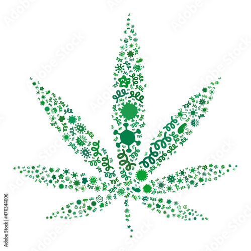 Vector infection cannabis leaf icon mosaic of contagious microbes. Cannabis leaf mosaic is constructed with infection elements, parasites, microbes, spores, contagious agents,