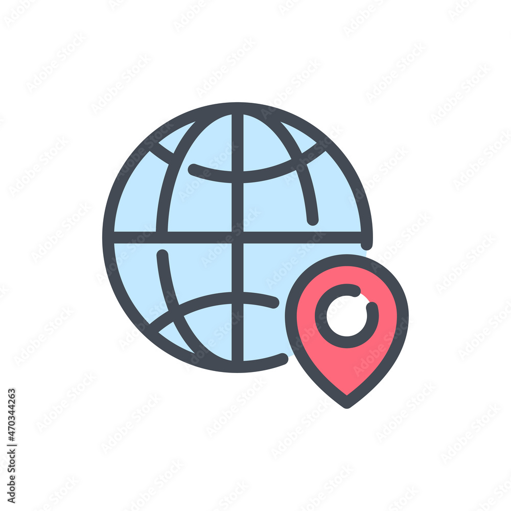 Global location color line icon. Planet with pin vector outline colorful sign. Global location color line icon. Planet with pin vector outline colorful sign.