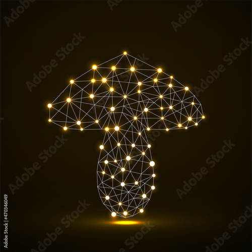 Polygonal mushroom of glowing dots, neon icon, vector illustration