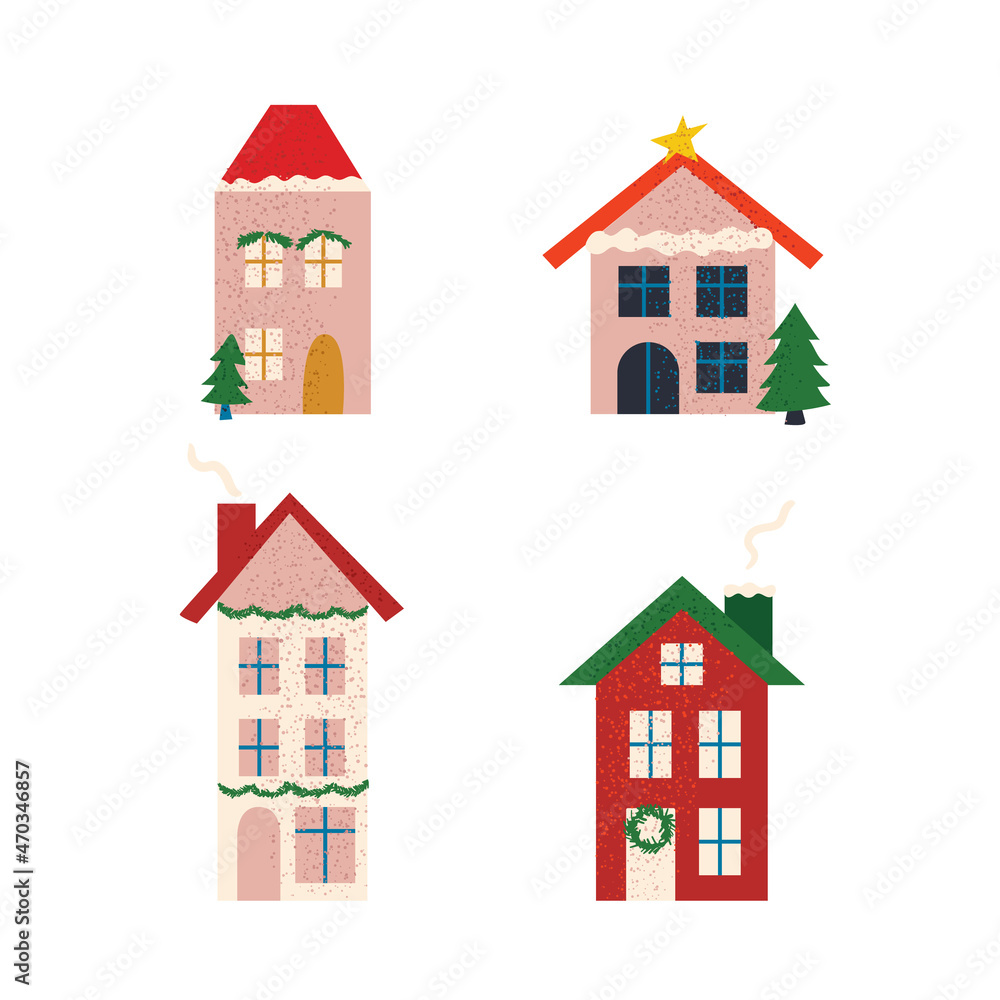 Winter cozy buildings. Set of isolated textured illustrations of houses. Winter cozy buildings. Set of isolated textured illustrations of houses.